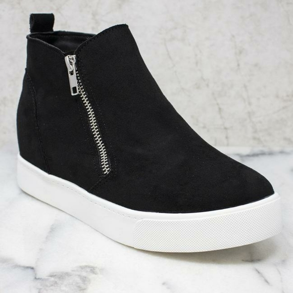 Pink Lily Shoes - Black Suede Wedge Sneakers